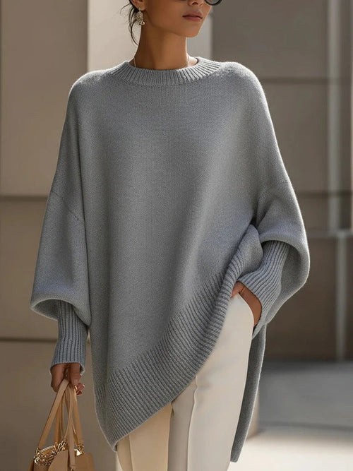 Oversized Crew Neck Knit Sweater Women, Loose Lazy Style Batwing Sleeve Asymmetric Hem Pullover Jumper